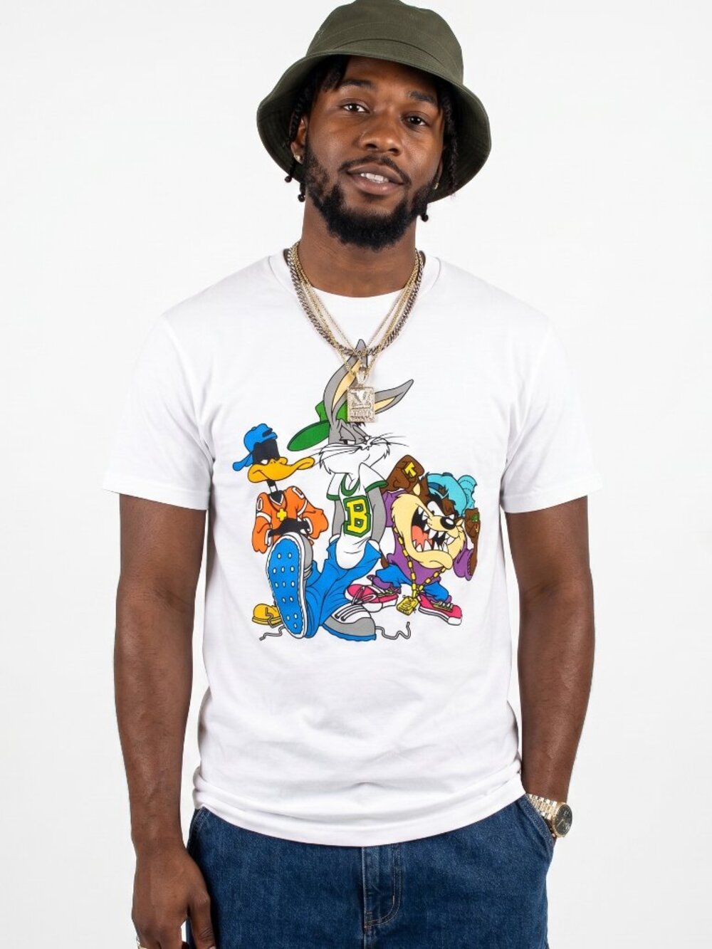 Looney Tunes Mens Bugs Bunny, Daffy Duck 90s Hip Hop Style White Shirt New M